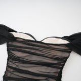Melanie Dress Black Fishtail Mesh & Ruched Off - Shoulder Maxi