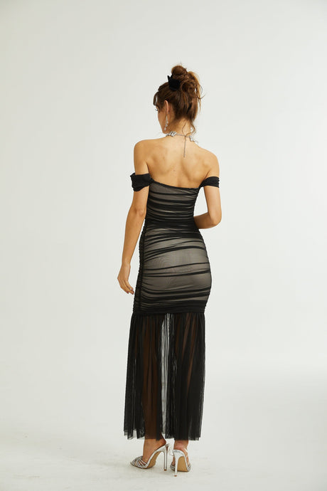 Melanie Dress Black Fishtail Mesh & Ruched Off - Shoulder Maxi