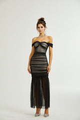Melanie Dress Black Fishtail Mesh & Ruched Off - Shoulder Maxi