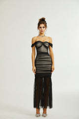Melanie Dress Black Fishtail Mesh & Ruched Off - Shoulder Maxi