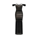 Melanie Dress Black Fishtail Mesh & Ruched Off - Shoulder Maxi