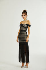 Melanie Dress Black Fishtail Mesh & Ruched Off - Shoulder Maxi