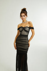 Melanie Dress Black Fishtail Mesh & Ruched Off - Shoulder Maxi
