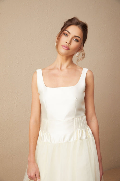 Melanie Maxi Dress - Satin Finish with Square Neck - Tulle Panels & Wide Straps