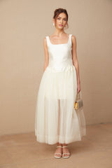 Melanie Maxi Dress - Satin Finish with Square Neck - Tulle Panels & Wide Straps