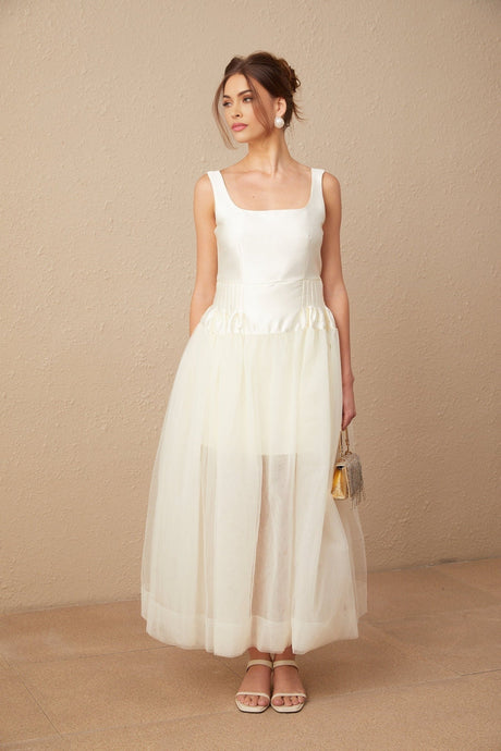 Melanie Maxi Dress - Satin Finish with Square Neck - Tulle Panels & Wide Straps