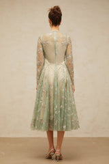 Melanie Midi Dress Green Floral Embroidery Godet Pleats