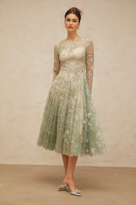 Melanie Midi Dress Green Floral Embroidery Godet Pleats