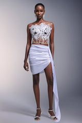 Melanie Silver Lace Bodice Two Piece Dress