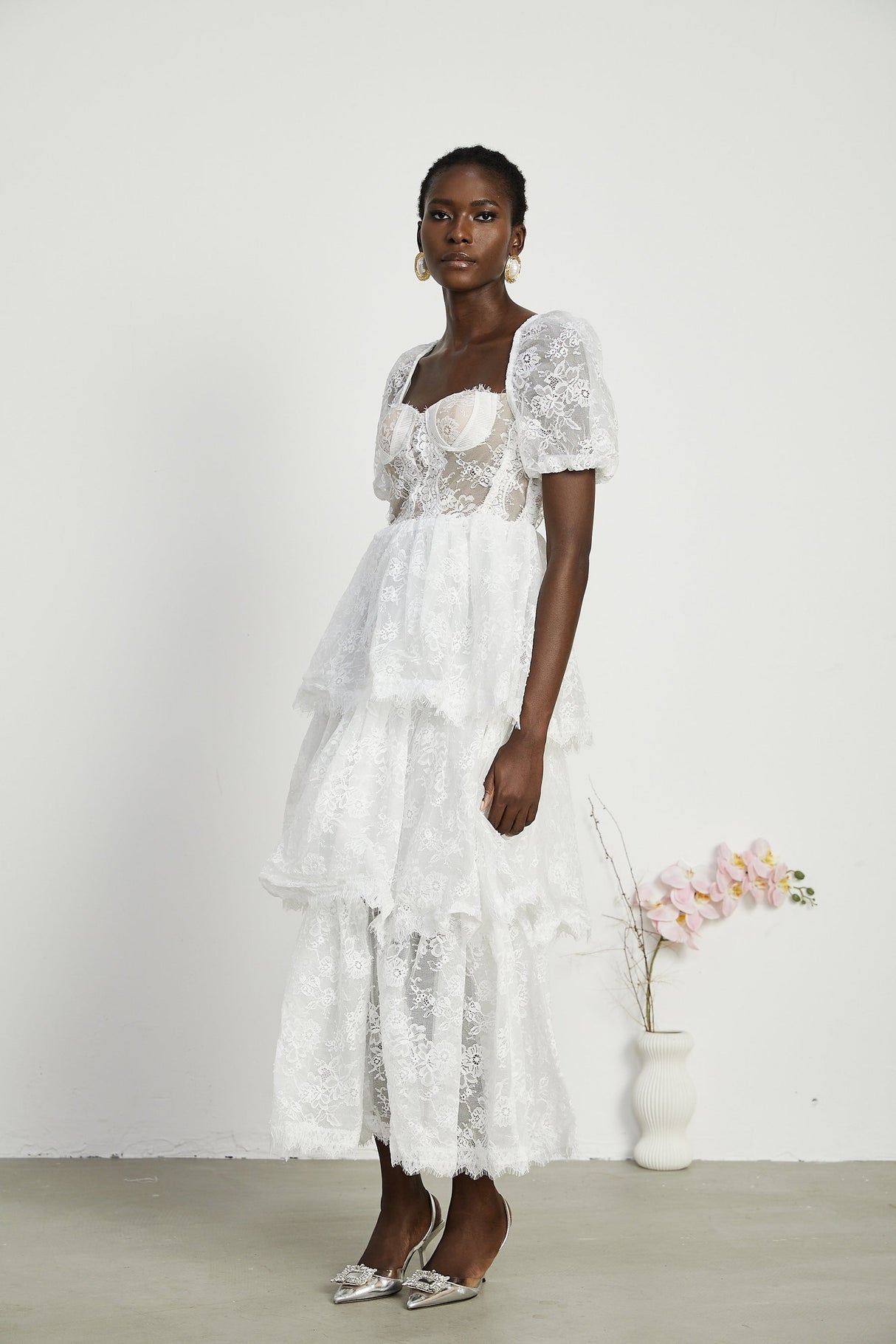Mélisande white lace tiered maxi dress