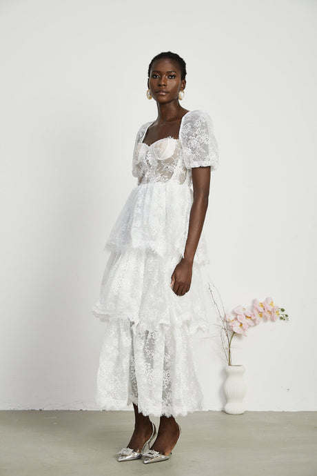 Mélisande white lace tiered maxi dress