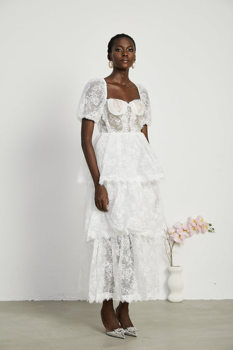 Mélisande white lace tiered maxi dress