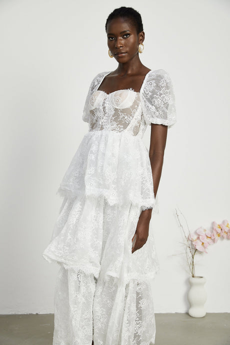 Mélisande white lace tiered maxi dress