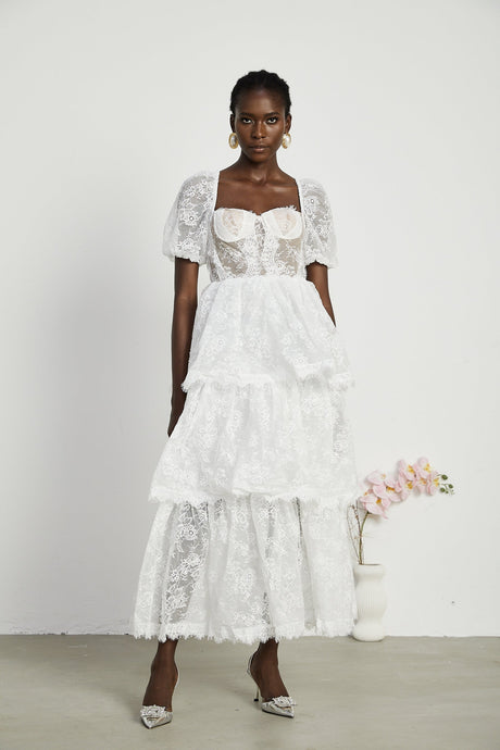 Mélisande white lace tiered maxi dress