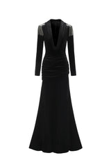 Melissa Black Velvet Deep V Neckline High Slit Ruched Waist Embellished Shoulder Dress