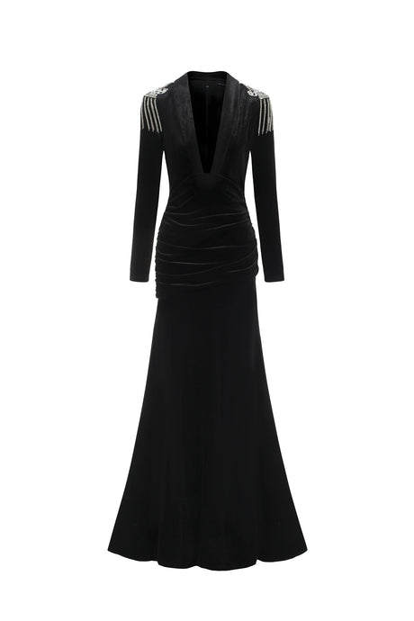 Melissa Black Velvet Deep V Neckline High Slit Ruched Waist Embellished Shoulder Dress