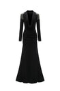 Melissa Black Velvet Deep V Neckline High Slit Ruched Waist Embellished Shoulder Dress