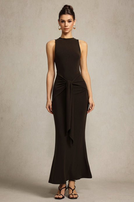 Melissa brown elegant sophisticated sleeveless dress with unique folds at waist and high neckline for formal events or gatherings
