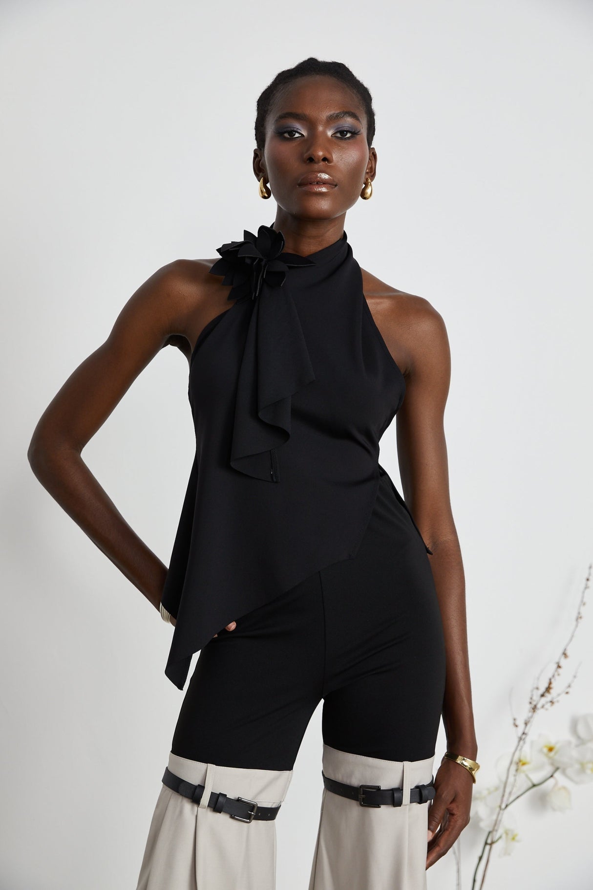 Melissa Floral Top Backless Halterneck Asymmetric Hem