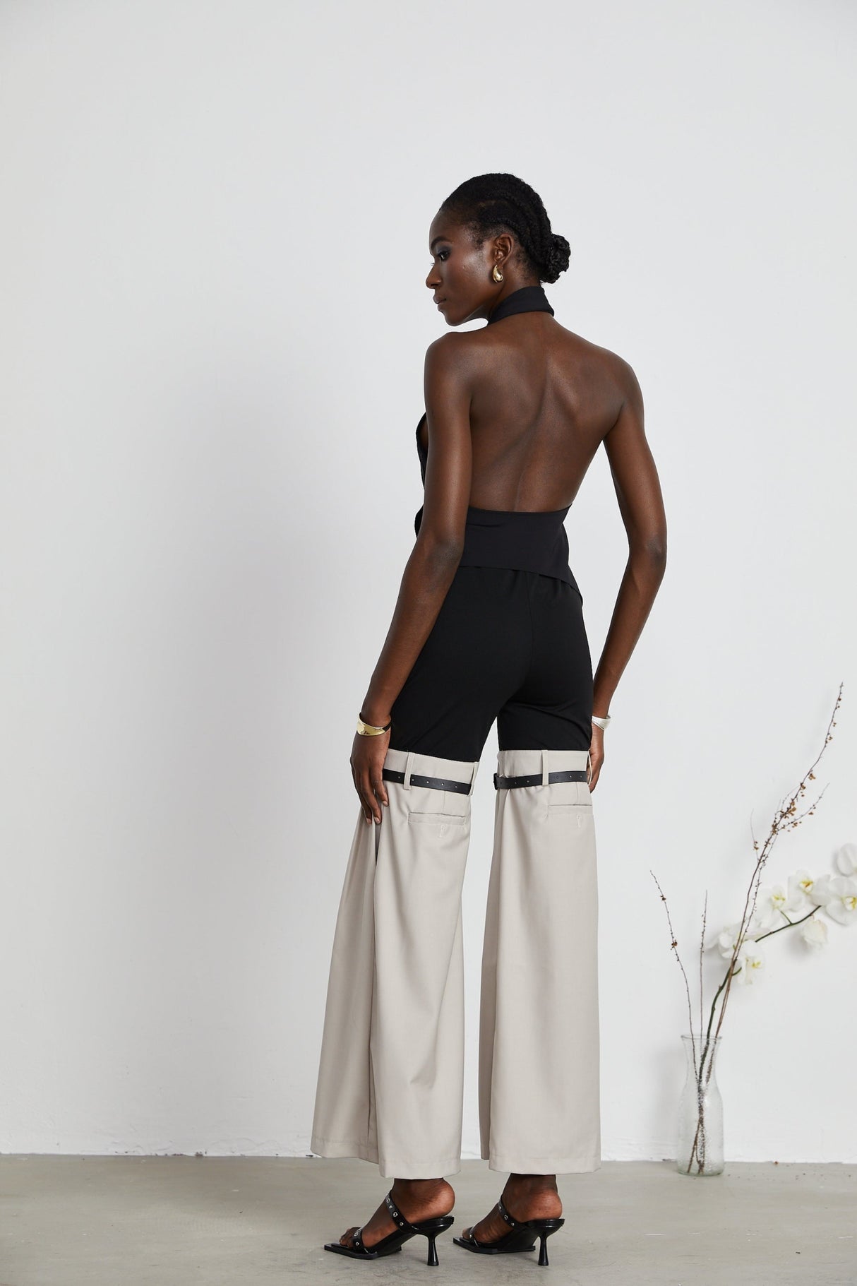 Melissa Floral Top Backless Halterneck Asymmetric Hem