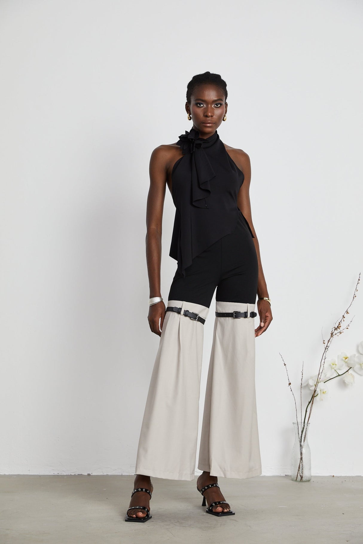 Melissa Floral Top Backless Halterneck Asymmetric Hem