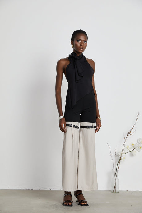 Melissa Floral Top Backless Halterneck Asymmetric Hem