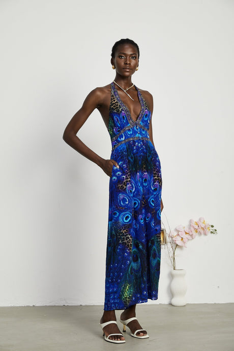 Melissa Jumpsuit Halterneck Crystal Embellished Blue & Multicolor