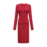 Melissa Midi Dress - Long - Sleeved Embellished Red Knit with Front Pockets
