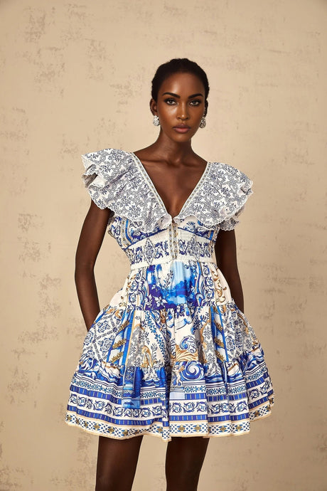 Melissa Mini Dress Blue Baroque Tiered Ruffle Open Back Smocked & Tie Detail