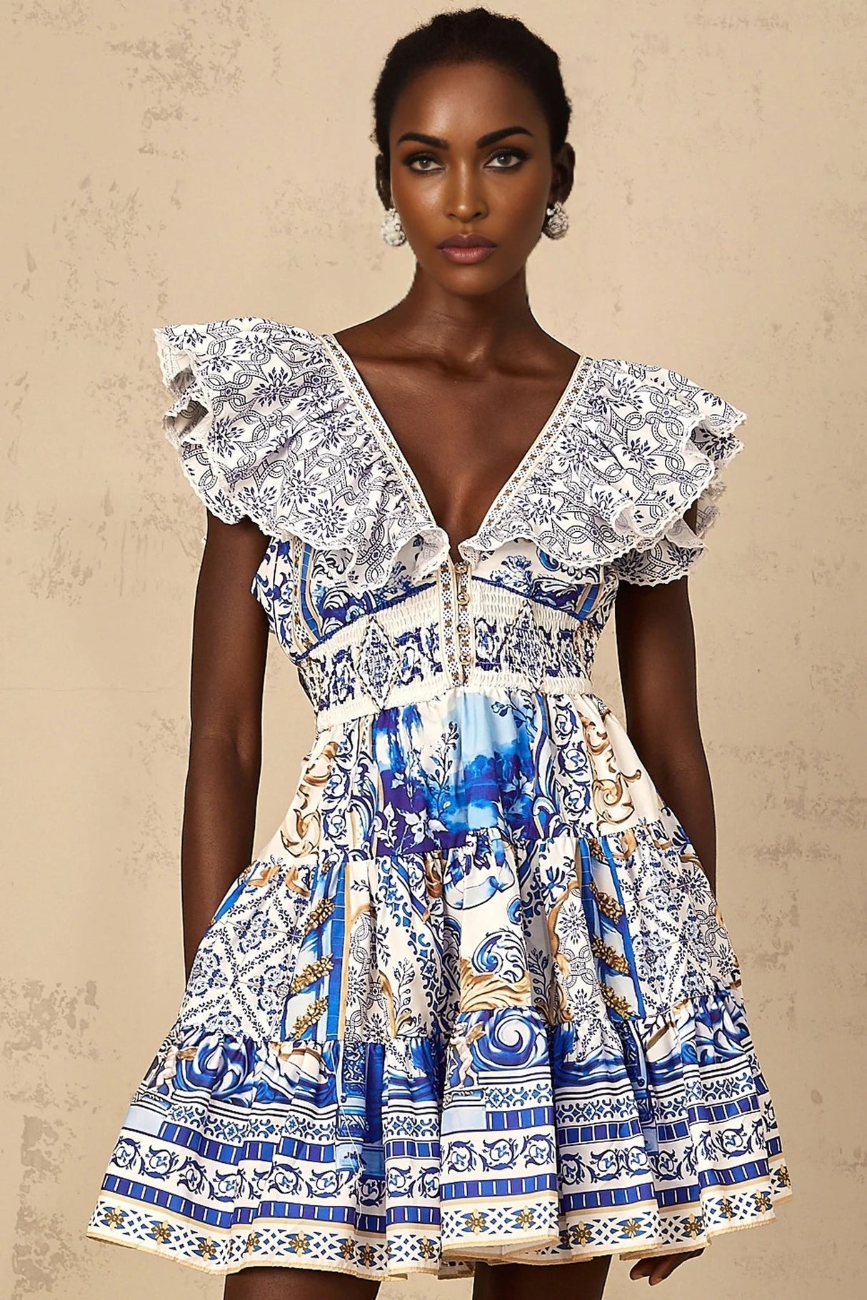 Melissa Mini Dress Blue Baroque Tiered Ruffle Open Back Smocked & Tie Detail