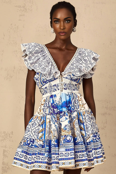 Melissa Mini Dress Blue Baroque Tiered Ruffle Open Back Smocked & Tie Detail