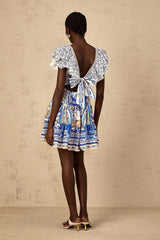 Melissa Mini Dress Blue Baroque Tiered Ruffle Open Back Smocked & Tie Detail
