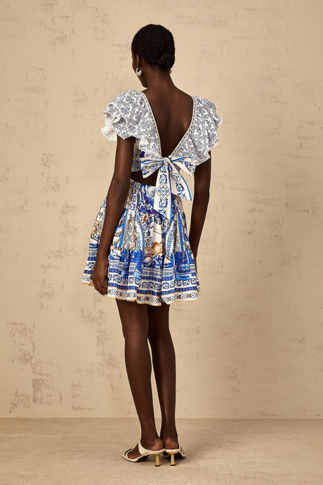 Melissa Mini Dress Blue Baroque Tiered Ruffle Open Back Smocked & Tie Detail