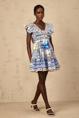 Melissa Mini Dress Blue Baroque Tiered Ruffle Open Back Smocked & Tie Detail