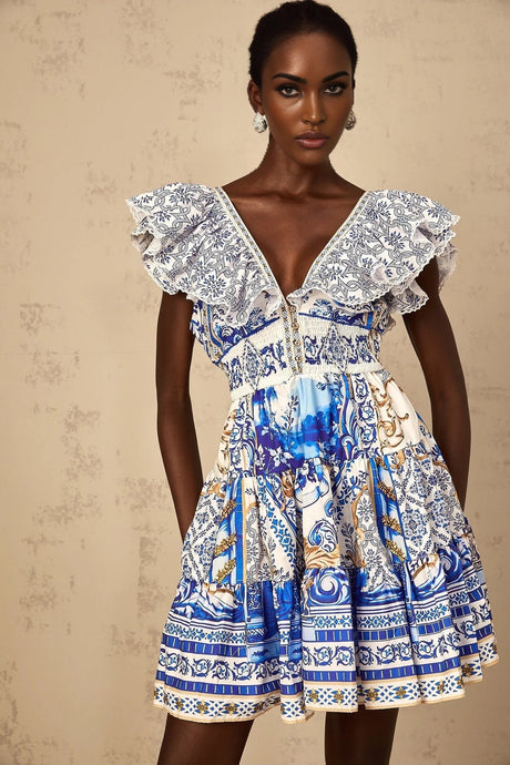 Melissa Mini Dress Blue Baroque Tiered Ruffle Open Back Smocked & Tie Detail
