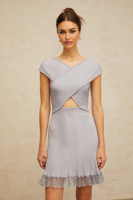Melissa Mini Dress Light - Purple Lace Trim Cross - Over Flared Hem