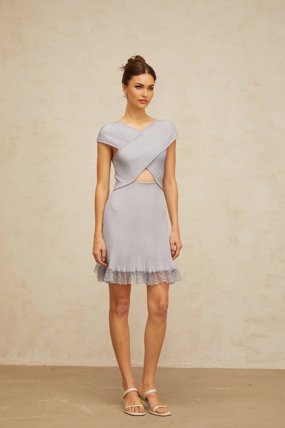 Melissa Mini Dress Light - Purple Lace Trim Cross - Over Flared Hem