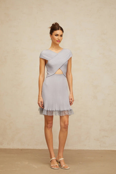Melissa Mini Dress Light - Purple Lace Trim Cross - Over Flared Hem