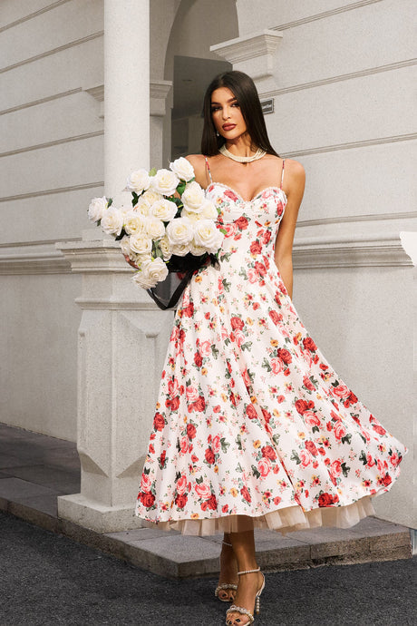 Melissa White Floral Maxi Dress Sweetheart Neckline Spaghetti Straps Lightweight Fabric Special Occasions