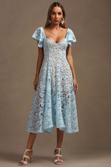 Melody Blue Lace Flutter Sleeve Midi Dress Elegant Garden Party Chic Brunch Women's Fashion