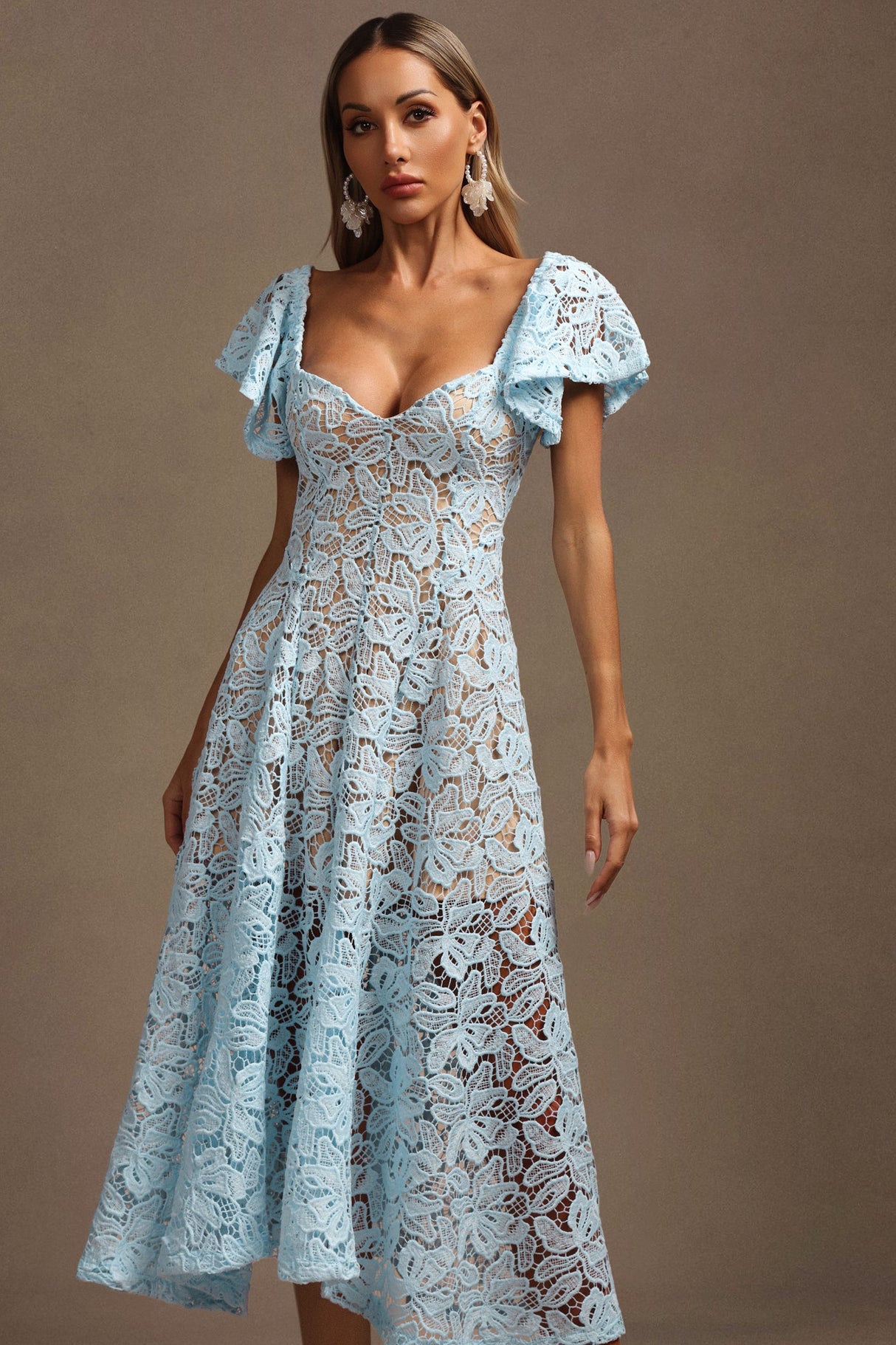 Melody Blue Lace Flutter Sleeve Midi Dress