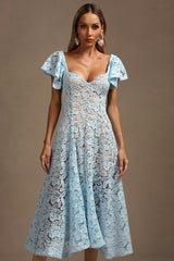Melody Blue Lace Flutter Sleeve Midi Dress