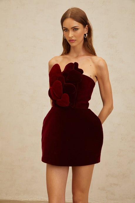 Melody Mini Dress - Off The Shoulder - Cinched Waist - 3D - Heart Motif - Velvet Finish - Puff Skirt