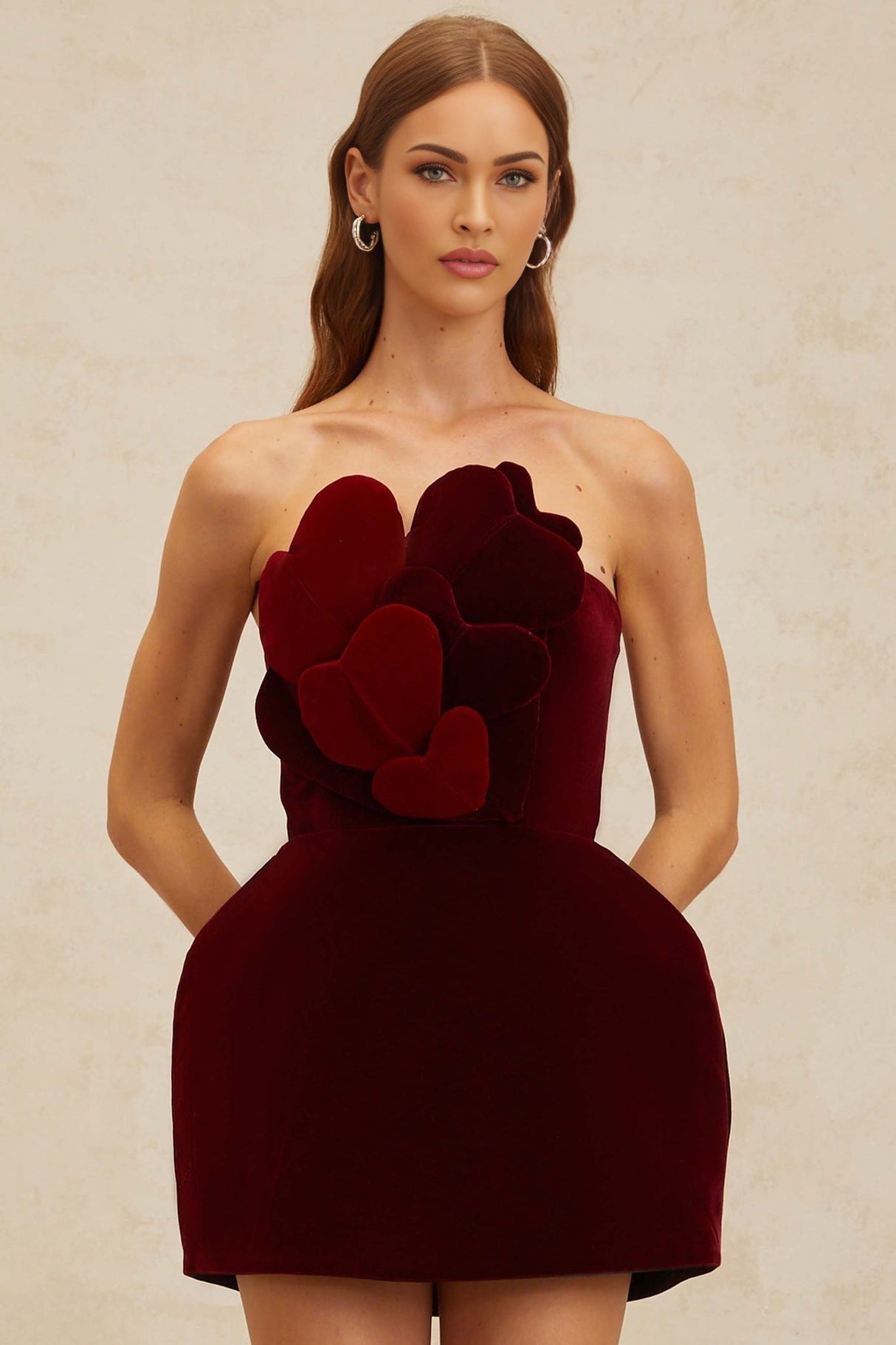 Melody Mini Dress - Off The Shoulder - Cinched Waist - 3D - Heart Motif - Velvet Finish - Puff Skirt