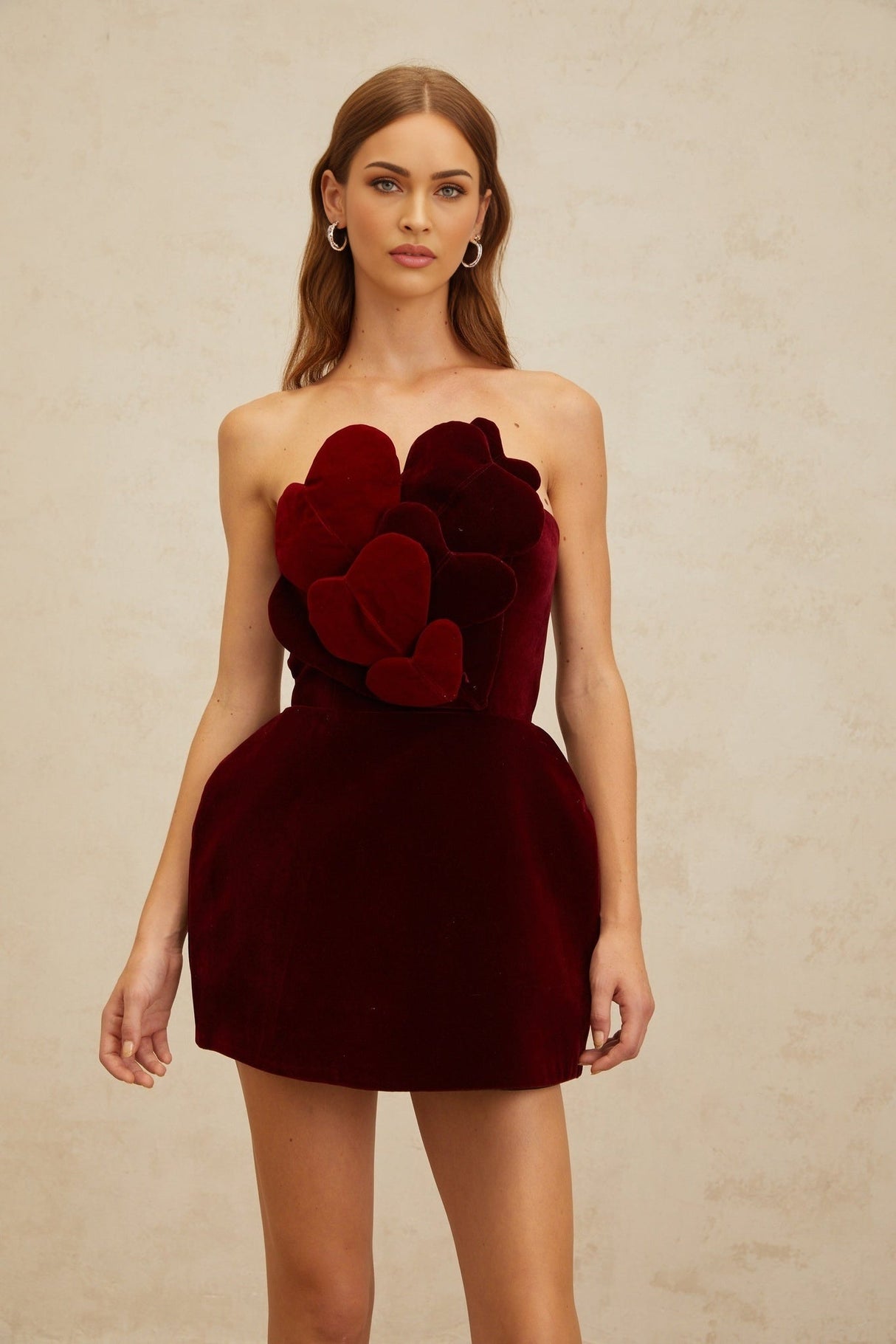 Melody Mini Dress - Off The Shoulder - Cinched Waist - 3D - Heart Motif - Velvet Finish - Puff Skirt