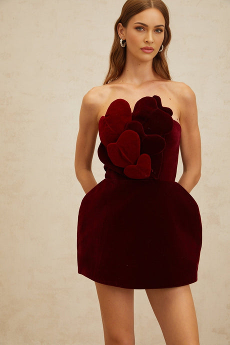 Melody Mini Dress - Off The Shoulder - Cinched Waist - 3D - Heart Motif - Velvet Finish - Puff Skirt