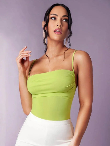 Meredith Bodysuit - High Stretch Fabric Elasticity - Slim Fit - Sleeveless Length - Backless, Lace Up - Cami Style - Neckline Spaghetti Strap