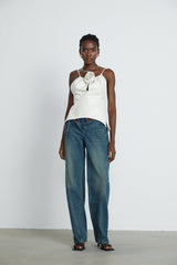 Meredith Floral Top White Leather Feel Applique & Zip