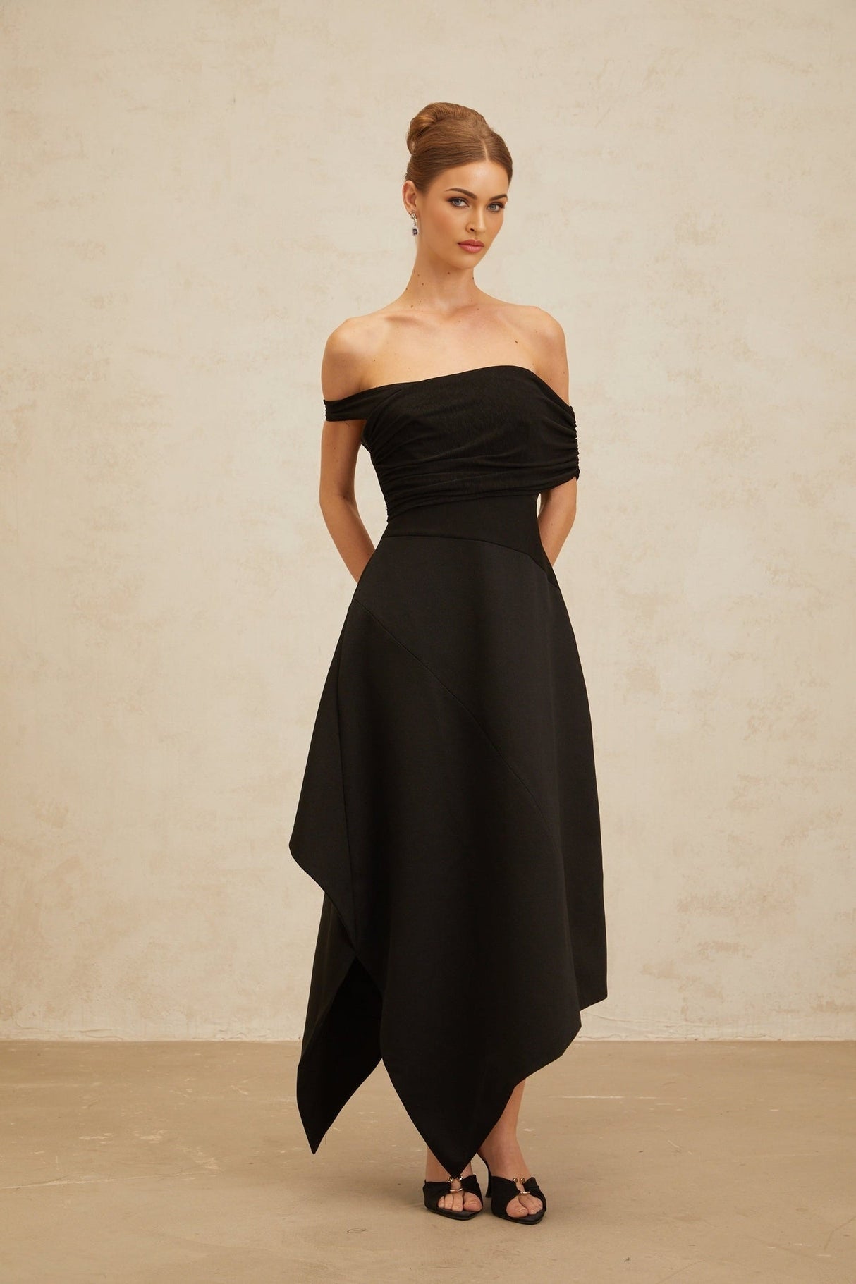 Meredith Maxi Dress - Off the Shoulder - Cinched Waist - Asymmetrical Hemline & Ruched Detailing