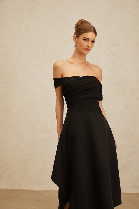 Meredith Maxi Dress - Off the Shoulder - Cinched Waist - Asymmetrical Hemline & Ruched Detailing